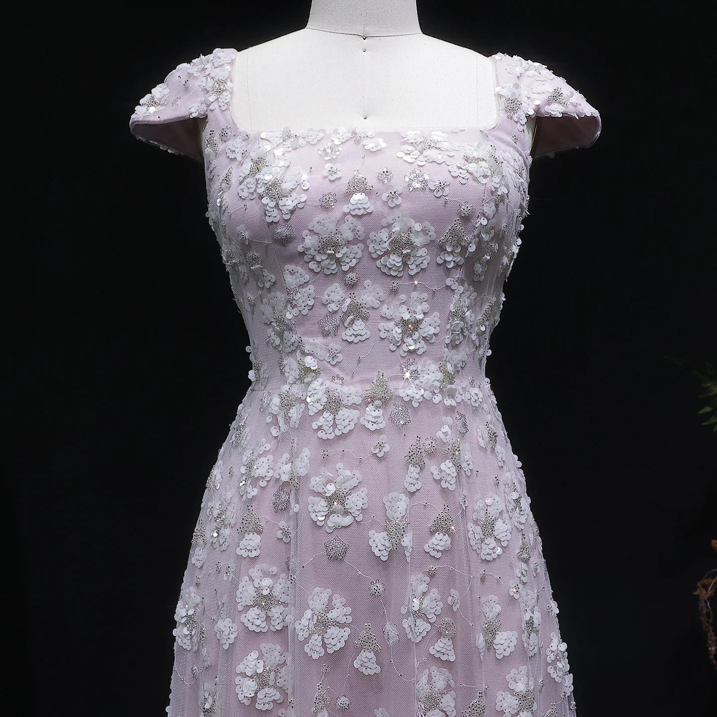 Light Pink Floral Evening Gown — Square Neck Open Back GCC Wedding — Riviera Couture GCC Luxury Evening Gown