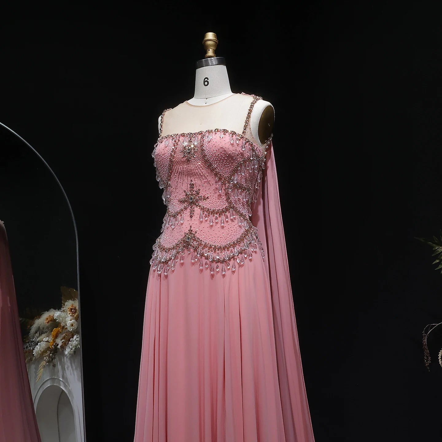 Silver Gold Silver Gold Cape Sleeve Evening Gown — Crystal Beaded Blush Pink — Riviera Couture GCC Luxury Evening Gown