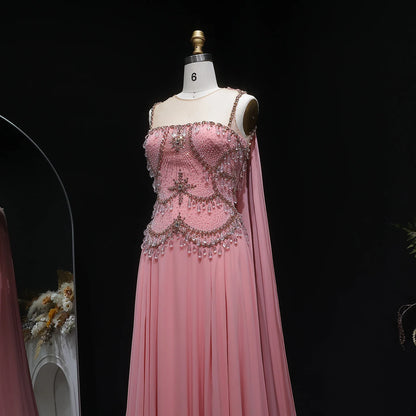 Silver Gold Silver Gold Cape Sleeve Evening Gown — Crystal Beaded Blush Pink — Riviera Couture GCC Luxury Evening Gown