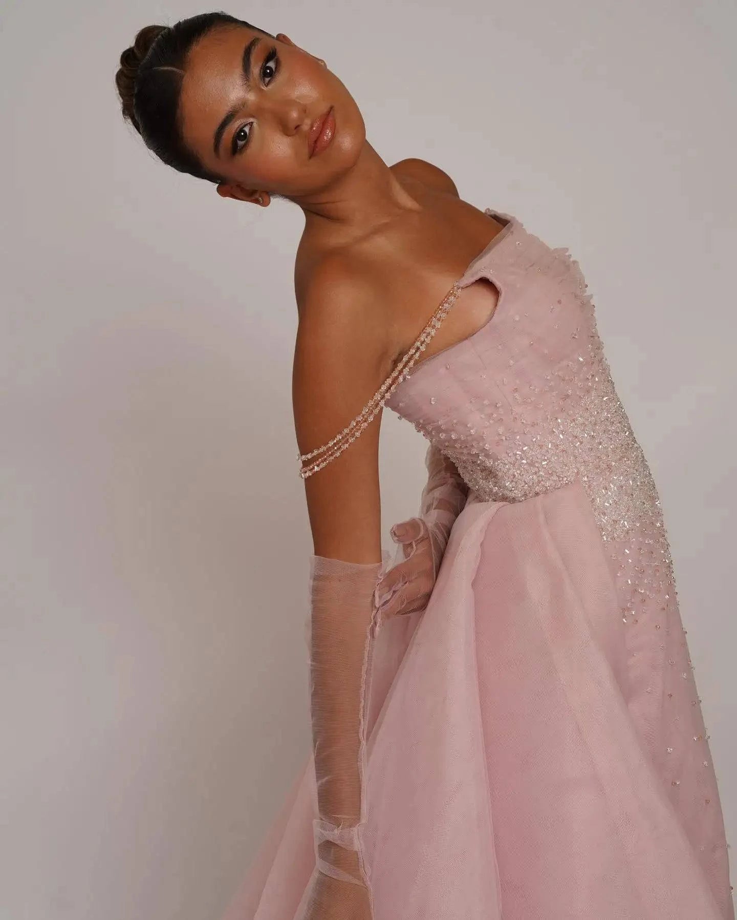 Pink Evening Dress with Overskirt and Gloves - Riviera Couture