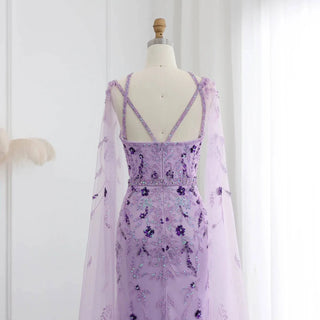 Lilac Evening Dress with Cape Sleeves and Criss Cross Neckline - Riviera Couture