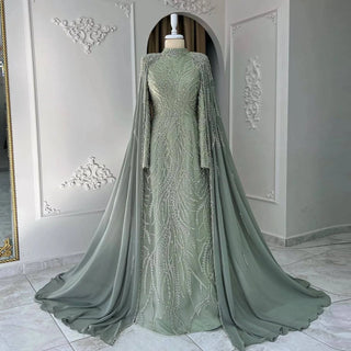 Beaded Sage Green Muslim High Neck Evening Dress with Cape Long Sleeves - Riviera Couture