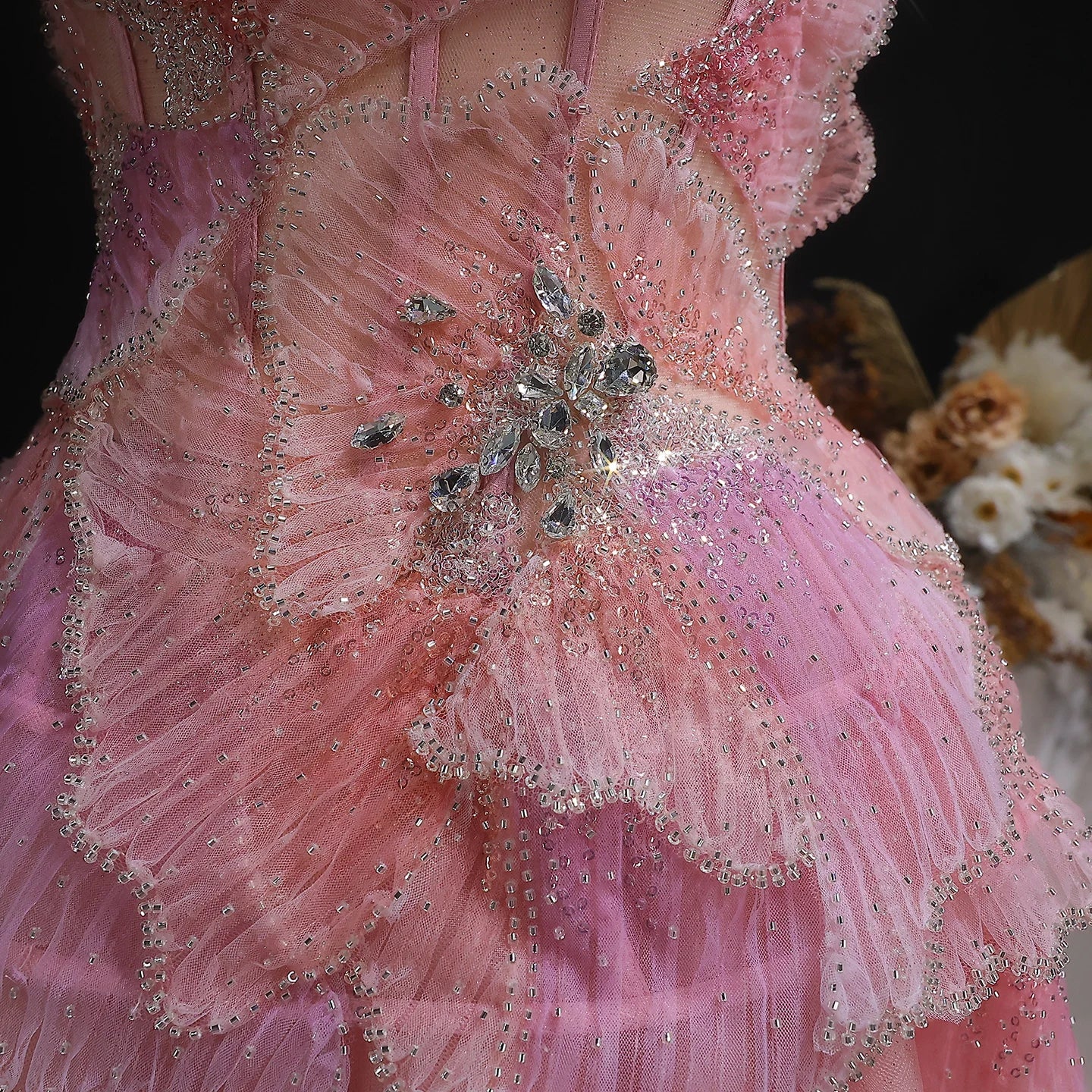 Pink Pink Strapless A-Line Evening Gown — 3D Flowers Crystal Beaded — Riviera Couture GCC Luxury Evening Gown