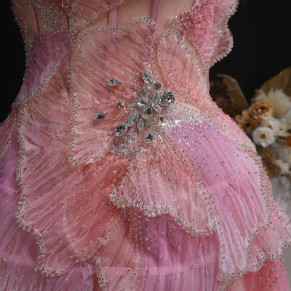 Pink Pink Strapless A-Line Evening Gown — 3D Flowers Crystal Beaded — Riviera Couture GCC Luxury Evening Gown