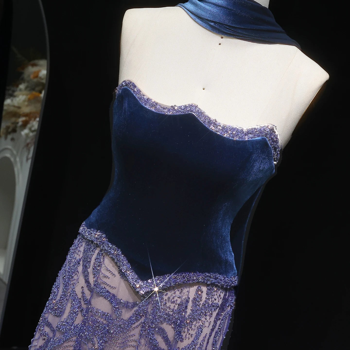 Turquoise Blue Velvet Two-Piece Evening Gown with Scarf — Arabic Luxury — Riviera Couture GCC Luxury Evening Gown