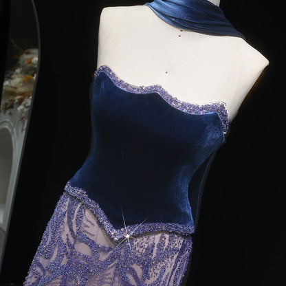 Turquoise Blue Velvet Two-Piece Evening Gown with Scarf — Arabic Luxury — Riviera Couture GCC Luxury Evening Gown