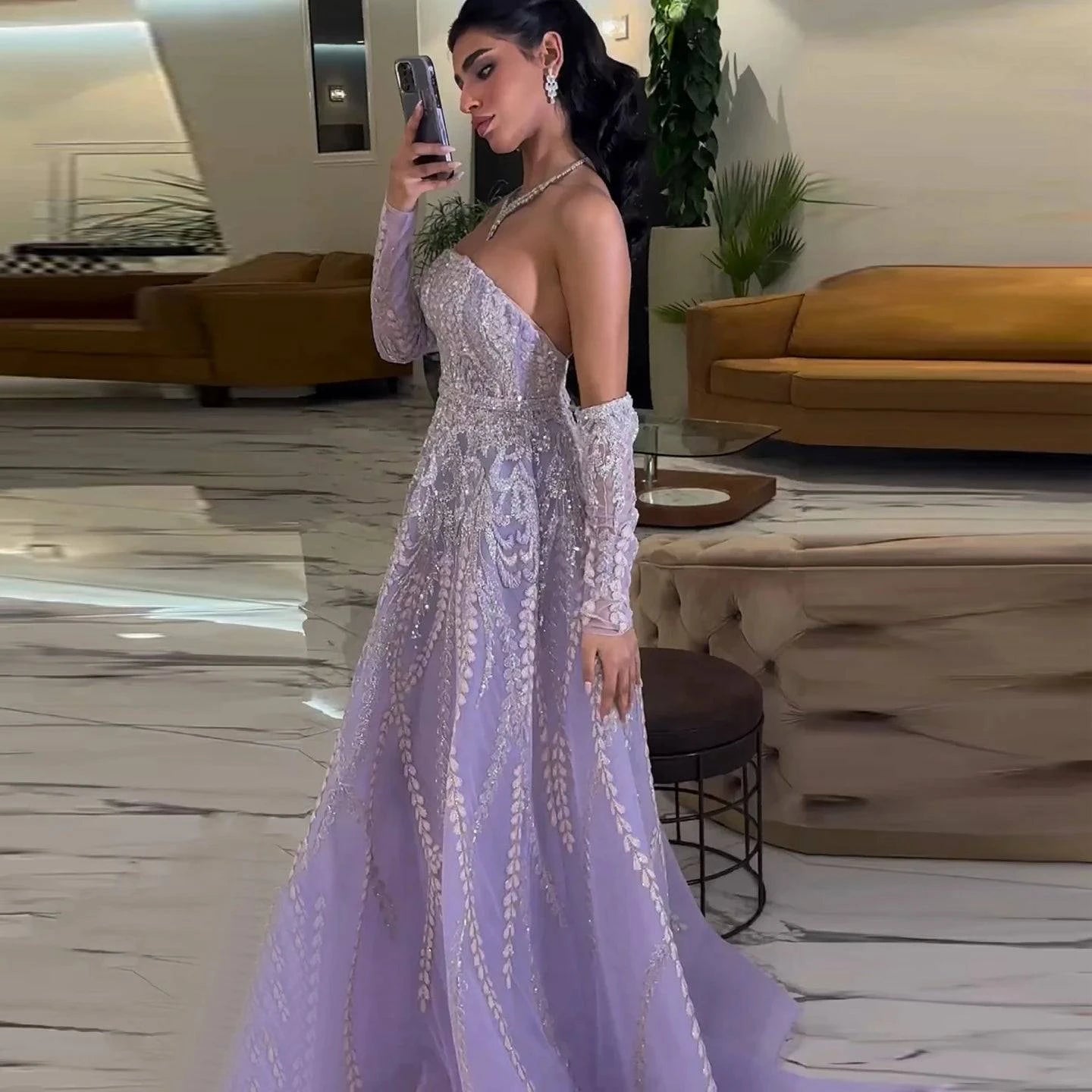 Beaded Lilac Evening Dress with Sleeve Gloves - Riviera Couture