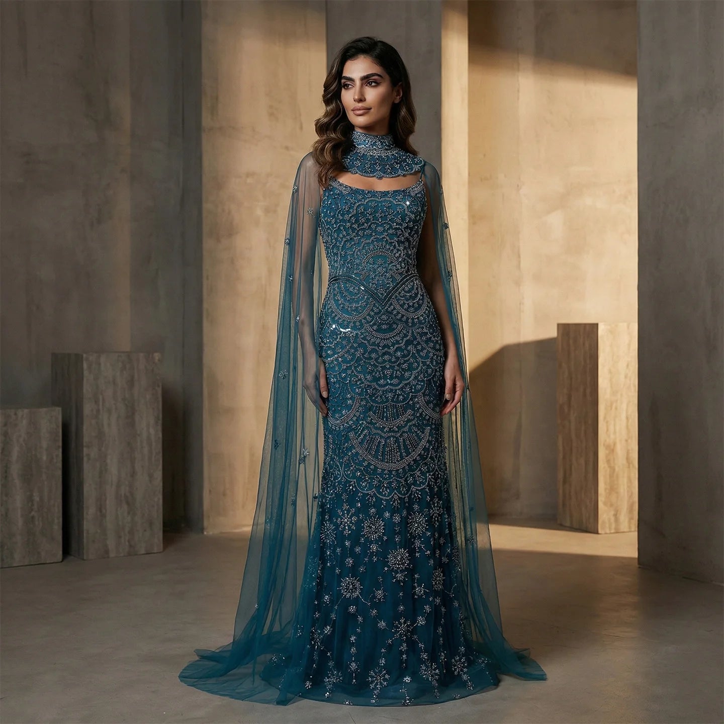 Teal Plus Size Beaded Mermaid Evening Gown with Cape — GCC Luxury Formal — Riviera Couture GCC Luxury Evening Gown