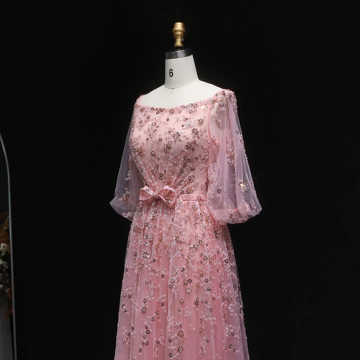 Pink Pink Long Sleeve Evening Gown with Bow — Luxury Beaded Arabic GCC — Riviera Couture GCC Luxury Evening Gown