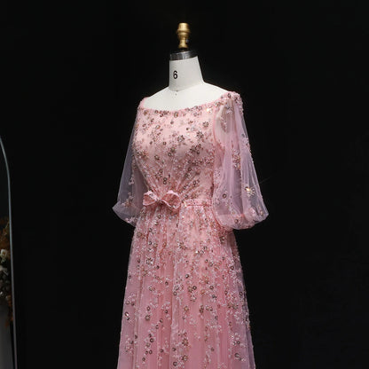 Pink Pink Long Sleeve Evening Gown with Bow — Luxury Beaded Arabic GCC — Riviera Couture GCC Luxury Evening Gown