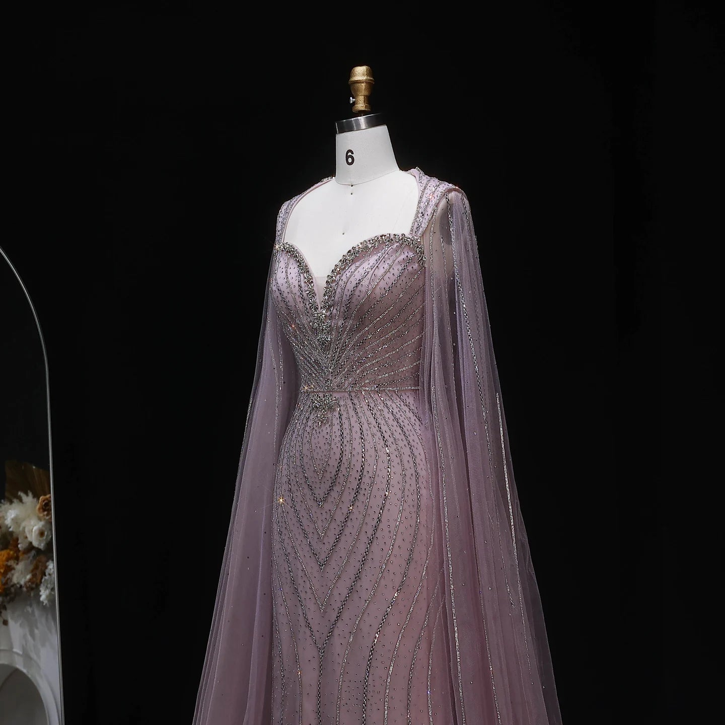 Champagne Beaded Mermaid Evening Gown with Cape Sleeves — Dubai Arabic Formal — Riviera Couture GCC Luxury Evening Gown