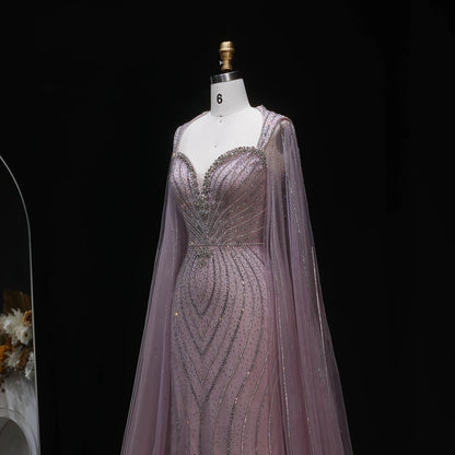 Champagne Beaded Mermaid Evening Gown with Cape Sleeves — Dubai Arabic Formal — Riviera Couture GCC Luxury Evening Gown