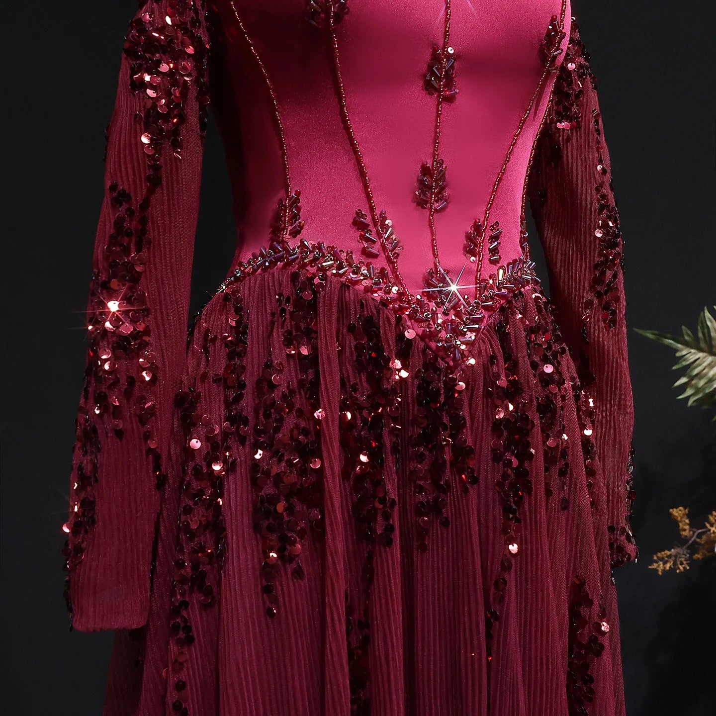 Wine Red Off-Shoulder Long Sleeve Sequined A-Line Evening Gown — GCC Formal — Riviera Couture GCC Luxury Evening Gown
