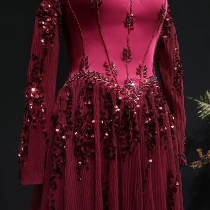 Wine Red Off-Shoulder Long Sleeve Sequined A-Line Evening Gown — GCC Formal — Riviera Couture GCC Luxury Evening Gown