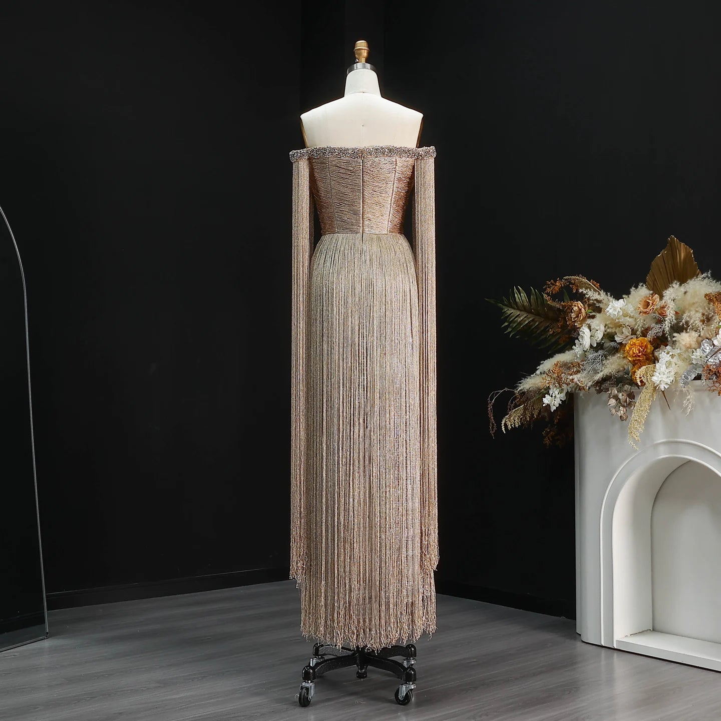 Gold Off-Shoulder Tassel Evening Gown — Luxury GCC Formal — Riviera Couture GCC Luxury Evening Gown