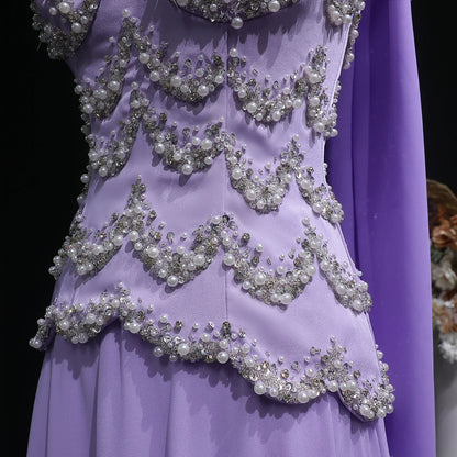 Purple Beaded A-Line Evening Gown with Scarf — Luxury GCC Formal — Riviera Couture GCC Luxury Evening Gown