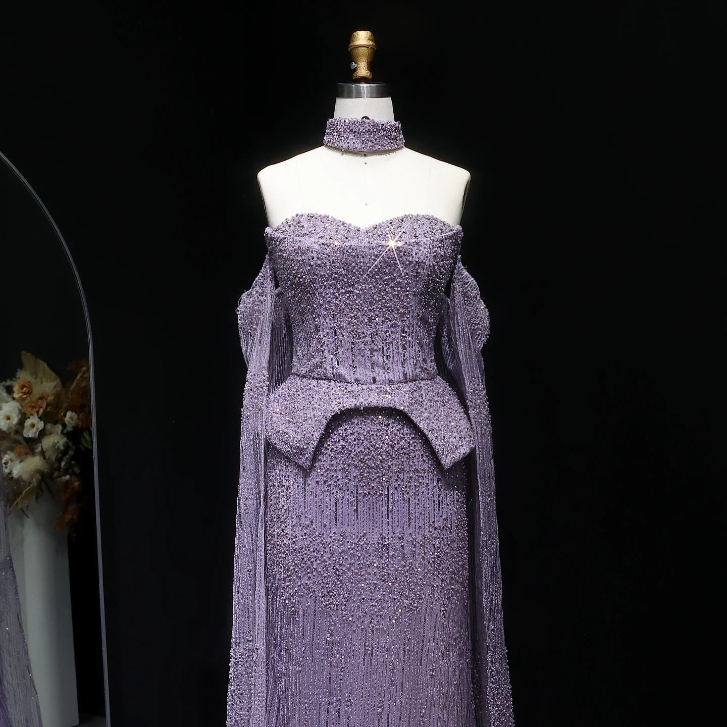 Lilac Grey Crystal Off-Shoulder Evening Gown with Cape Sleeves — 2026 — Riviera Couture GCC Luxury Evening Gown