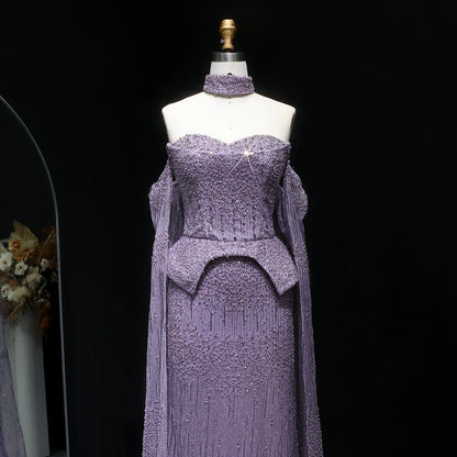 Lilac Grey Crystal Off-Shoulder Evening Gown with Cape Sleeves — 2026 — Riviera Couture GCC Luxury Evening Gown