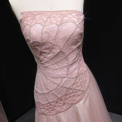 Pink Pink Strapless A-Line Evening Gown — Luxury Beaded Arabic GCC — Riviera Couture GCC Luxury Evening Gown