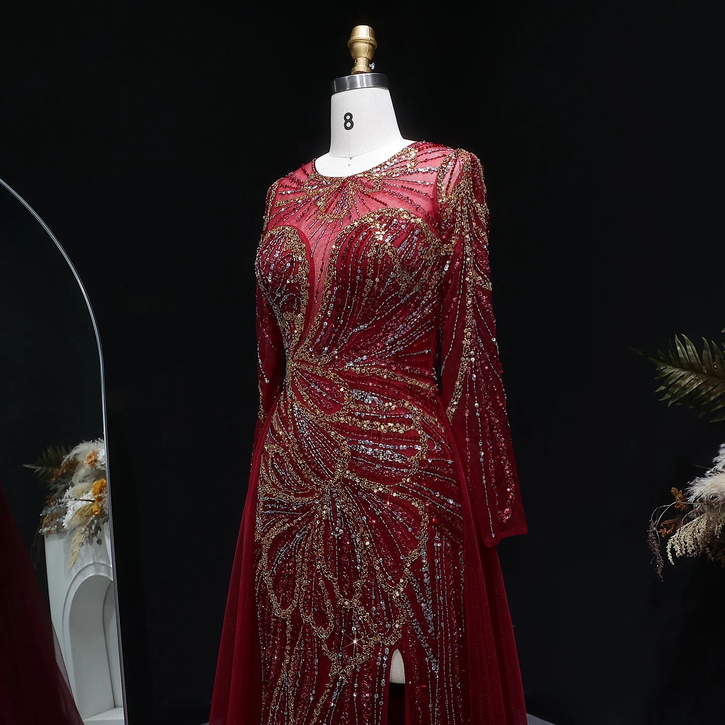 Wine Red Beaded Long Sleeve Evening Gown with Overskirt and Side Slit — Riviera Couture GCC Luxury Evening Gown