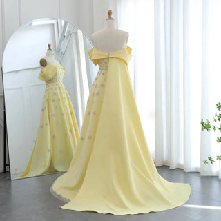 Yellow Satin Evening Dress with Cape - Riviera Couture