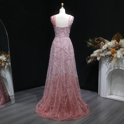 Gradient Pink Ombré Pink Criss-Cross Neck Evening Gown — Luxury GCC Formal — Riviera Couture GCC Luxury Evening Gown