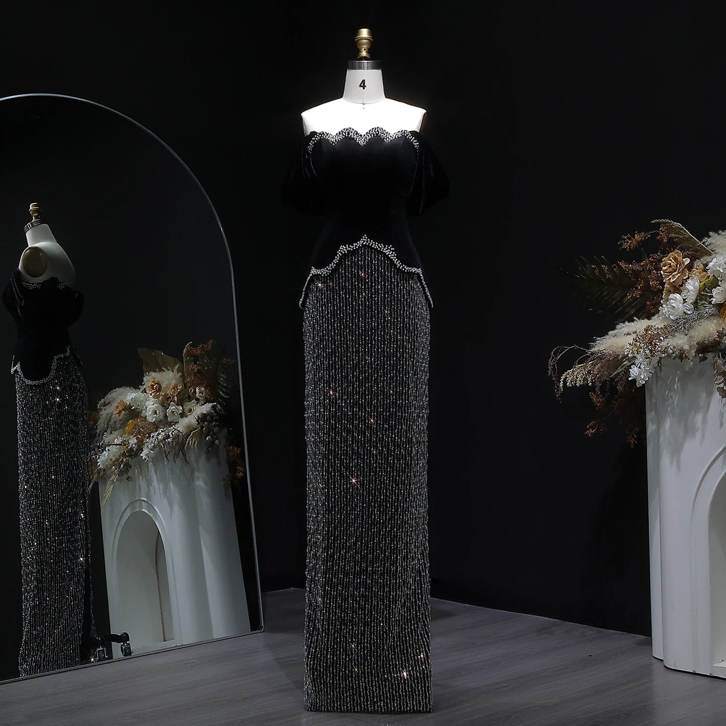 Black Black Beaded Off-Shoulder Evening Gown with Slit — Arabic Luxury — Riviera Couture GCC Luxury Evening Gown