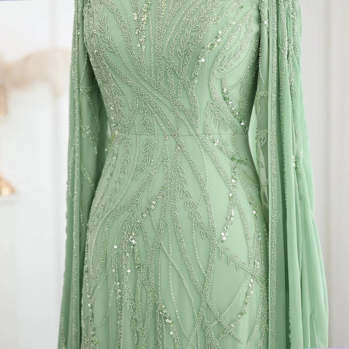 Beaded Sage Green Muslim High Neck Evening Dress with Cape Long Sleeves - Riviera Couture