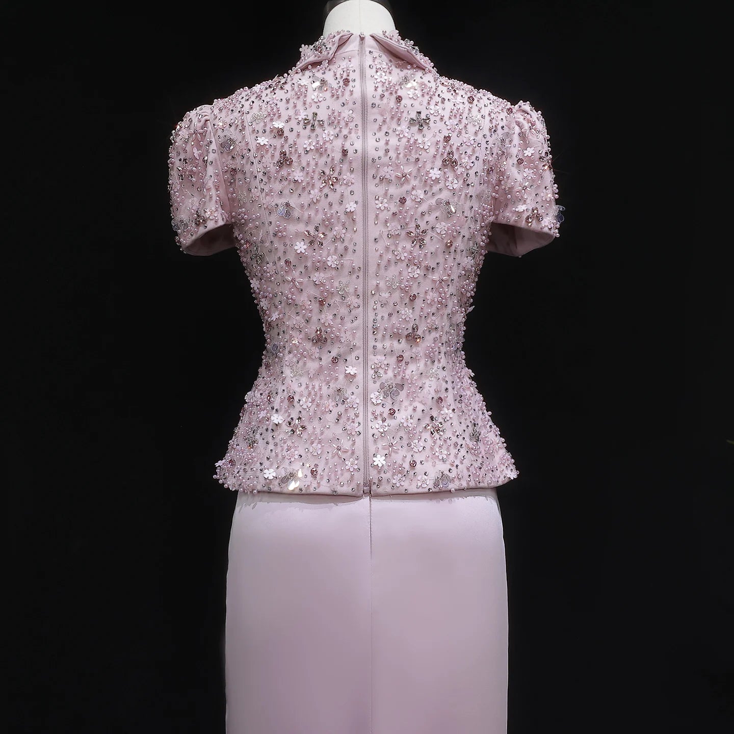 Pink Beaded Two-Piece Evening Gown — Short Sleeve Arabic Luxury — Riviera Couture GCC Luxury Evening Gown