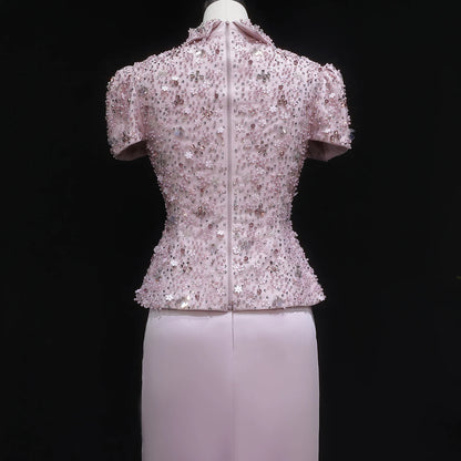 Pink Beaded Two-Piece Evening Gown — Short Sleeve Arabic Luxury — Riviera Couture GCC Luxury Evening Gown