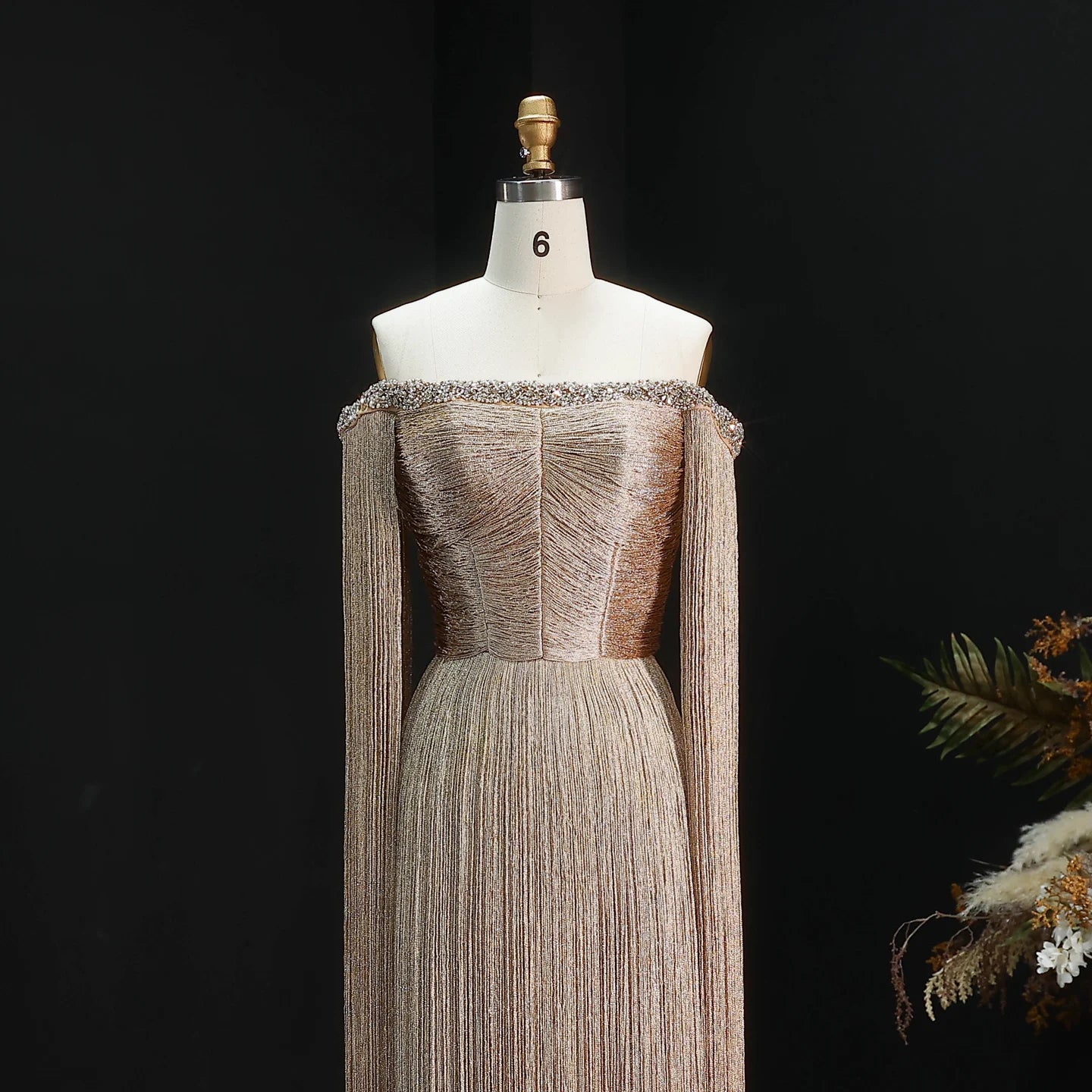 Gold Off-Shoulder Tassel Evening Gown — Luxury GCC Formal — Riviera Couture GCC Luxury Evening Gown