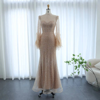 Feathers Nude Evening Dresses Long Sleeves With Elegant High Neck - Riviera Couture