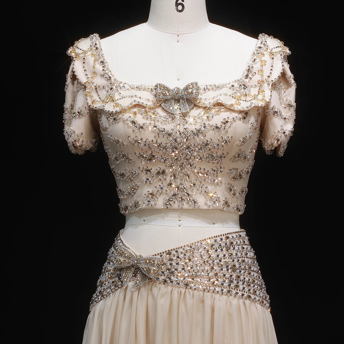 Champagne Two-Piece Evening Gown — Short Sleeve Sequined Bowknot — Riviera Couture GCC Luxury Evening Gown