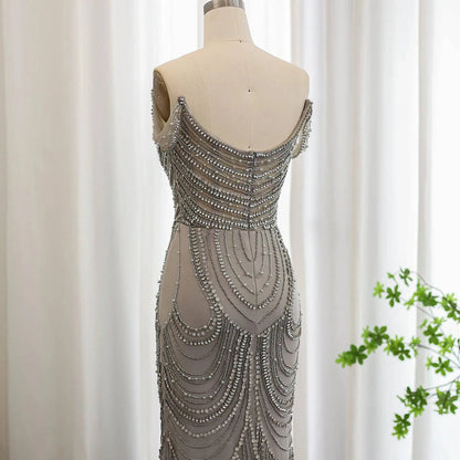 Luxury Crystal Silver Gray Mermaid  Evening Dress - Riviera Couture