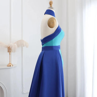 Royal Blue Contrast Turquoise Halter Neck Evening Dress with Overskirt - Riviera Couture