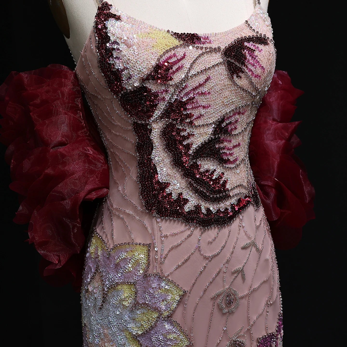 Pink Pink Floral Beaded Evening Gown with Burgundy Cape — GCC Luxury — Riviera Couture GCC Luxury Evening Gown
