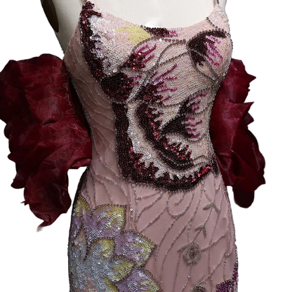 Pink Pink Floral Beaded Evening Gown with Burgundy Cape — GCC Luxury — Riviera Couture GCC Luxury Evening Gown