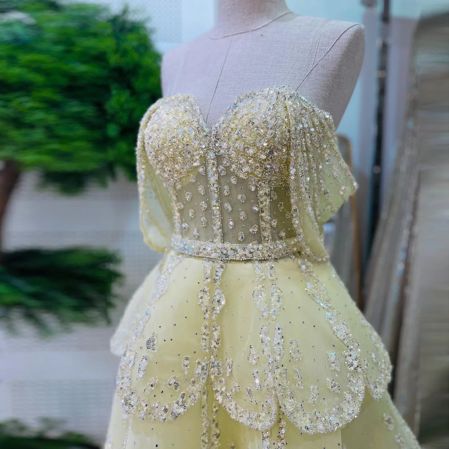 Light Blue Off-Shoulder Tiered Ruffle Evening Gown — Luxury Beaded Arabic — Riviera Couture GCC Luxury Evening Gown