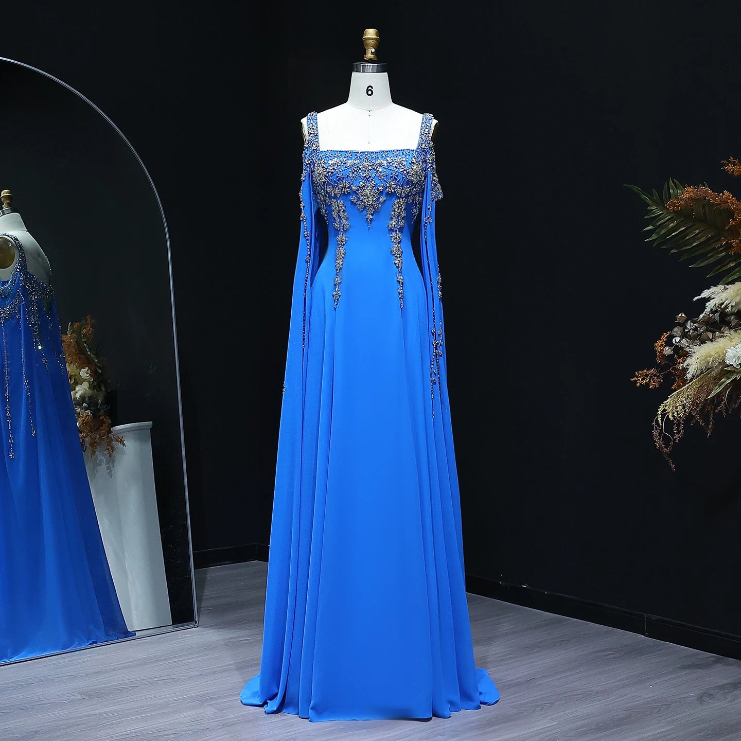 Green Blue Crystal Evening Gown with Flowing Cape Sleeve — Arabic Luxury — Riviera Couture GCC Luxury Evening Gown