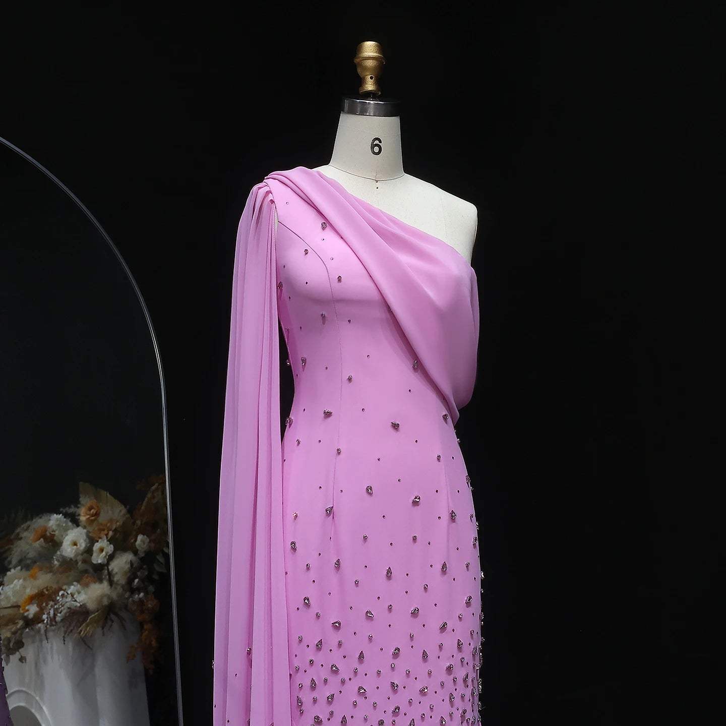 Modest One-Shoulder Mermaid Evening Gown — 3D Leaves Crystal Cape — Riviera Couture GCC Luxury Evening Gown