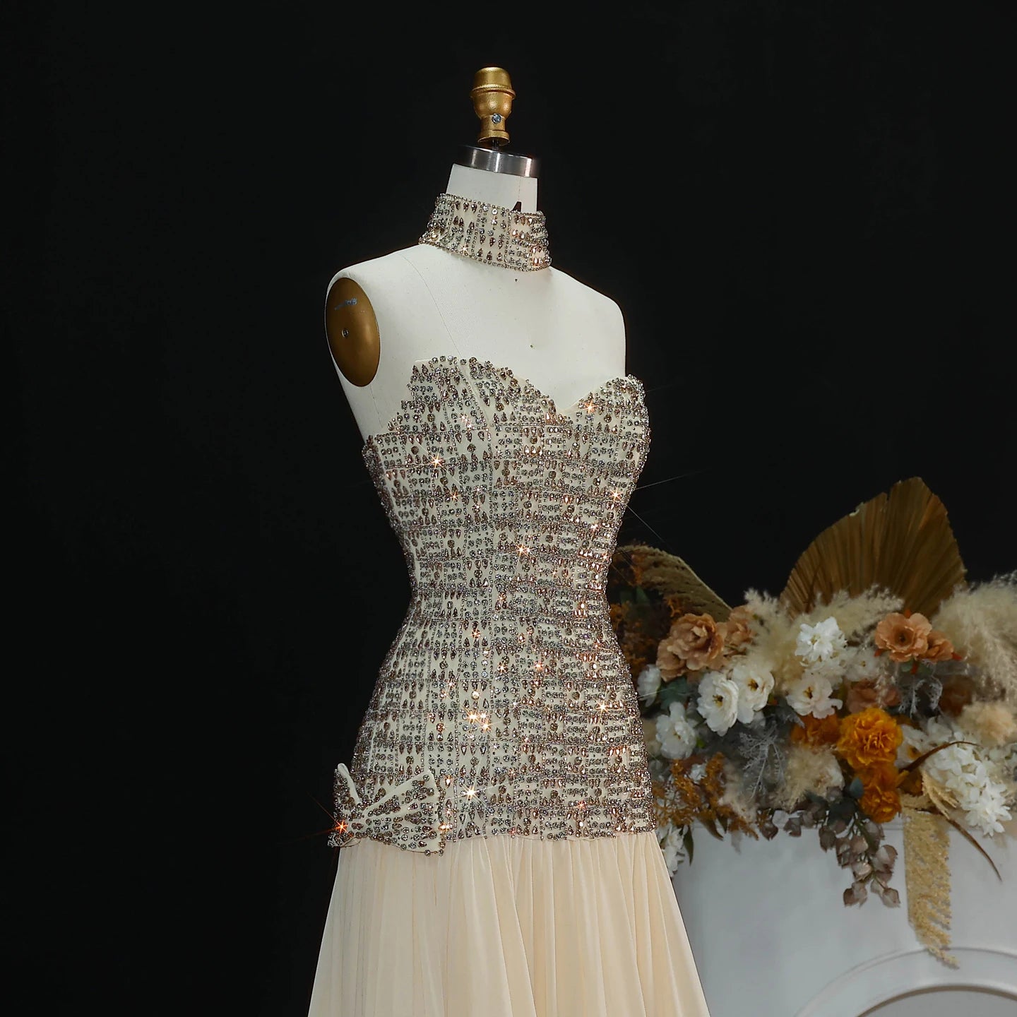 Gold Dubai A-Line Evening Gown — Beaded Crystal Bow Arabic Formal 2026 — Riviera Couture GCC Luxury Evening Gown