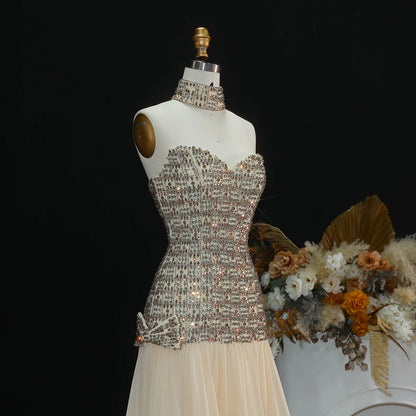 Gold Dubai A-Line Evening Gown — Beaded Crystal Bow Arabic Formal 2026 — Riviera Couture GCC Luxury Evening Gown