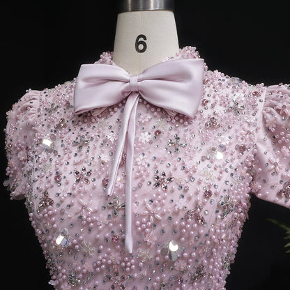 Pink Beaded Two-Piece Evening Gown — Short Sleeve Arabic Luxury — Riviera Couture GCC Luxury Evening Gown