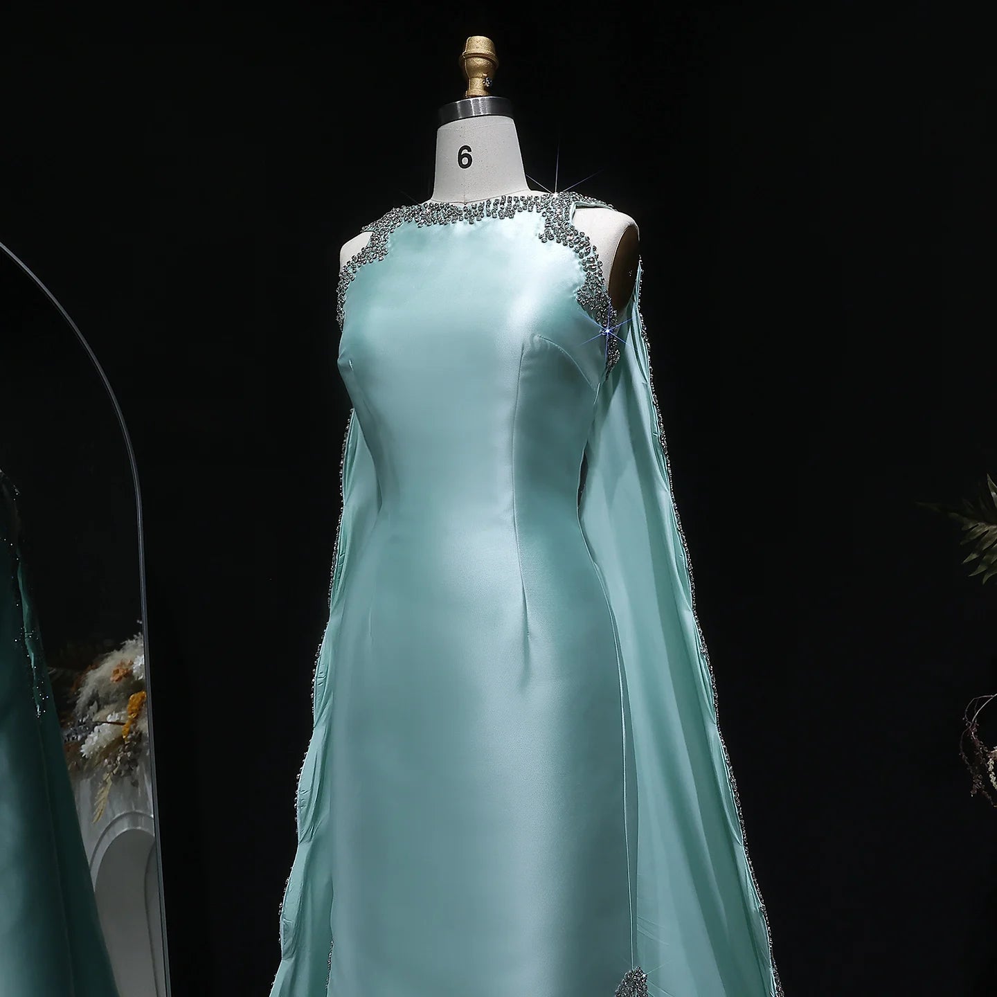 Mint Green Mint Green Arabic Mermaid Evening Gown with Cape and Side Slit — Riviera Couture GCC Luxury Evening Gown