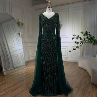 Mermaid Luxury Beaded Evening Dress with Cape Sleeves - RC320 - Riviera Couture