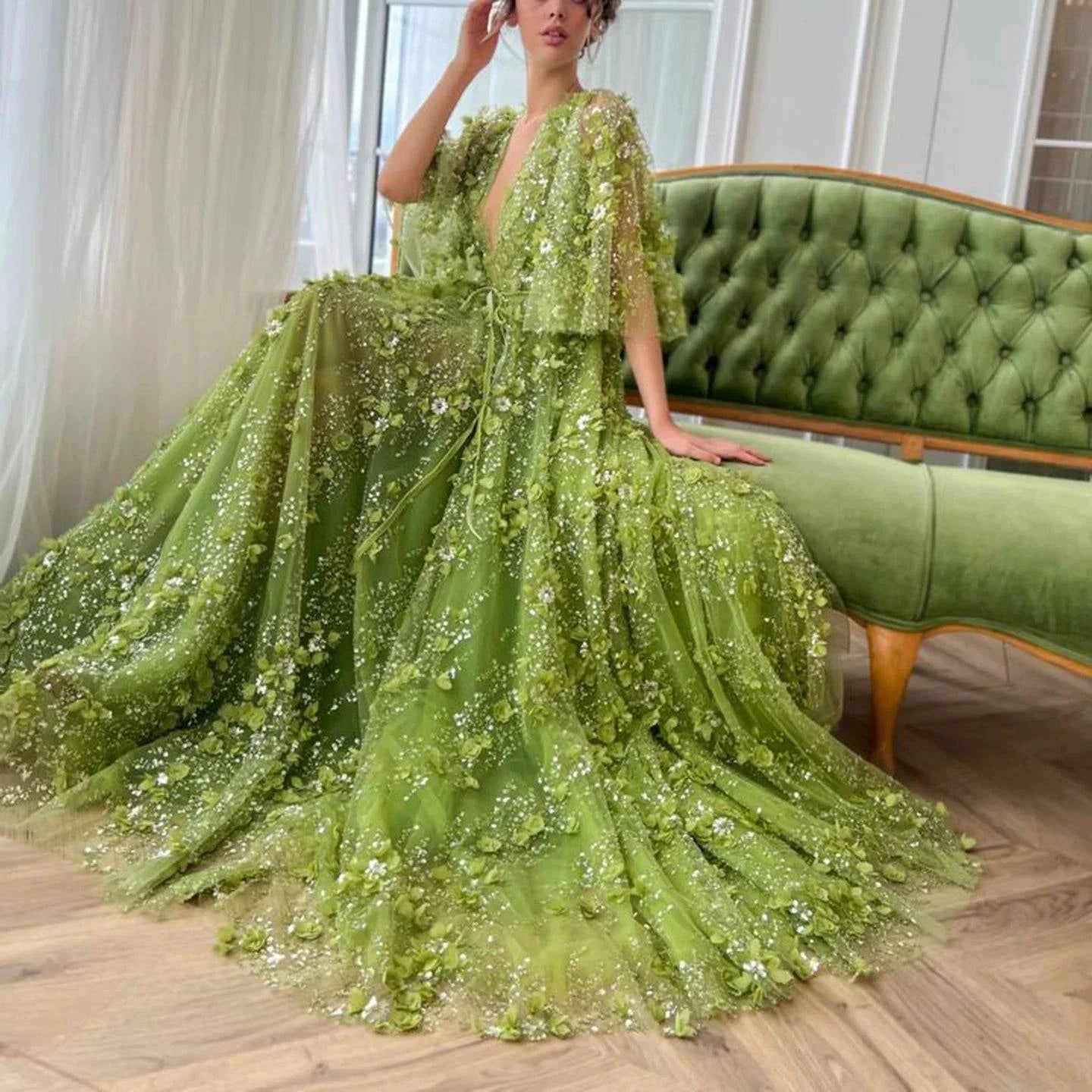 Plunging V-neck Green 3D Embroidered Flowers Evening Dress - Riviera Couture