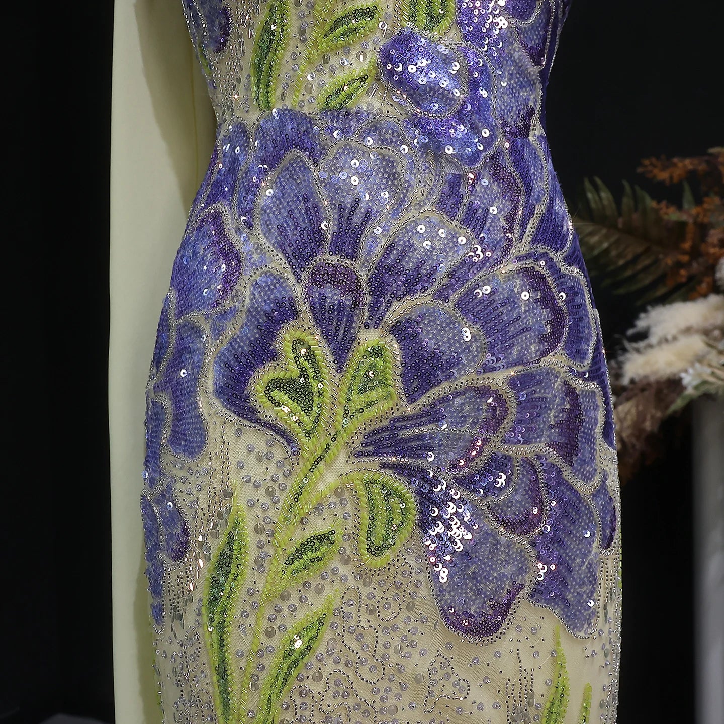 Fuchsia Green Beaded Sequined Mermaid Evening Gown with Scarf — GCC Luxury — Riviera Couture GCC Luxury Evening Gown