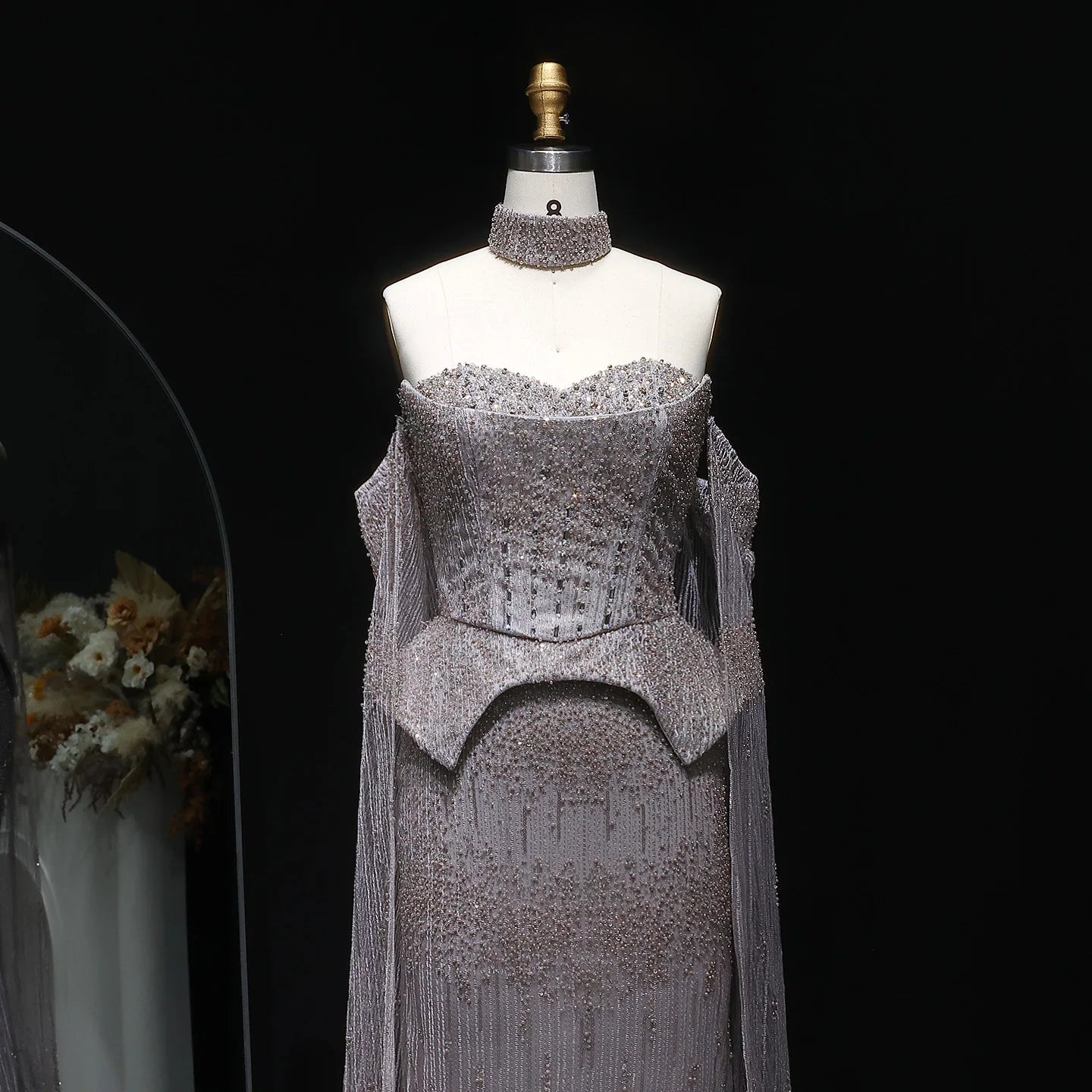 Lilac Grey Crystal Off-Shoulder Evening Gown with Cape Sleeves — 2026 — Riviera Couture GCC Luxury Evening Gown