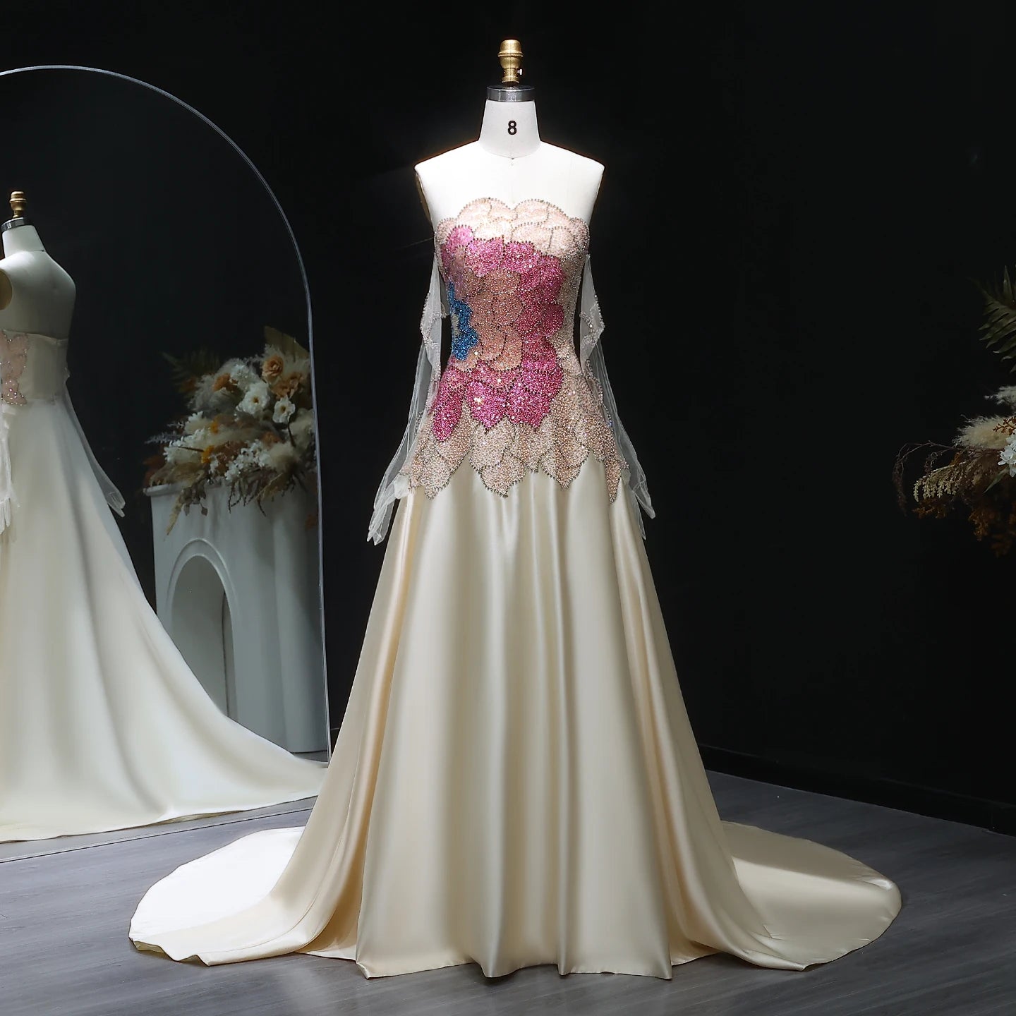 Beige Beige Satin Strapless Evening Gown with Gloves — Dubai Luxury — Riviera Couture GCC Luxury Evening Gown