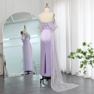 Elegant Off Shoulder Lilac Evening Dress with Overskirt - Riviera Couture